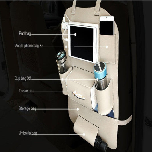 Car back seat organizer with various compartments labeled