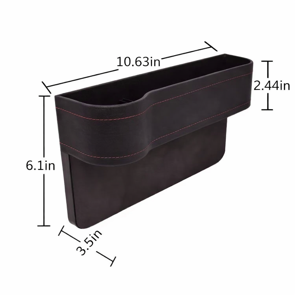 Black car organizer with dimensions labeled on a white background