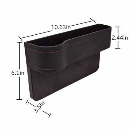 Black car organizer with dimensions labeled on a white background