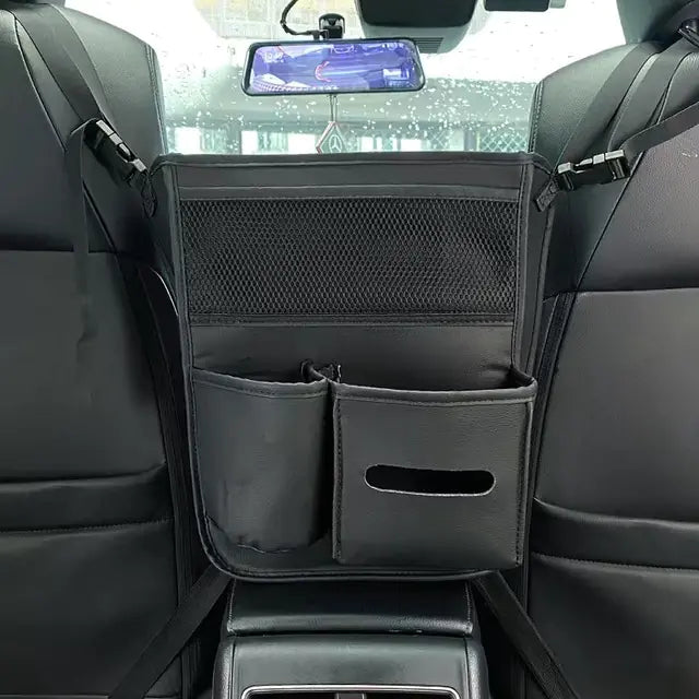 Car organizer mounted on a car seat with a clear view of the dashboard.