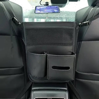 Car organizer mounted on a car seat with a clear view of the dashboard.