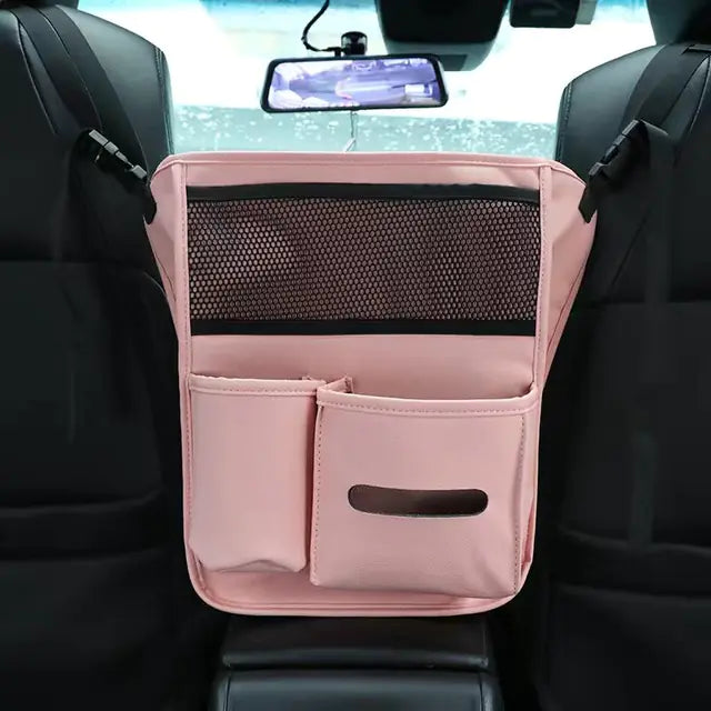 Pink car organizer mounted on a car seat with a black mesh pocket.