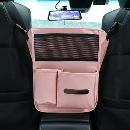 Pink car organizer mounted on a car seat with a black mesh pocket.