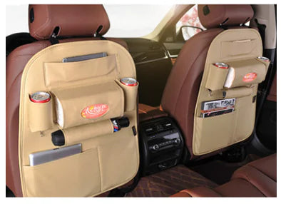Car seat organizer with multiple pockets on a car seat