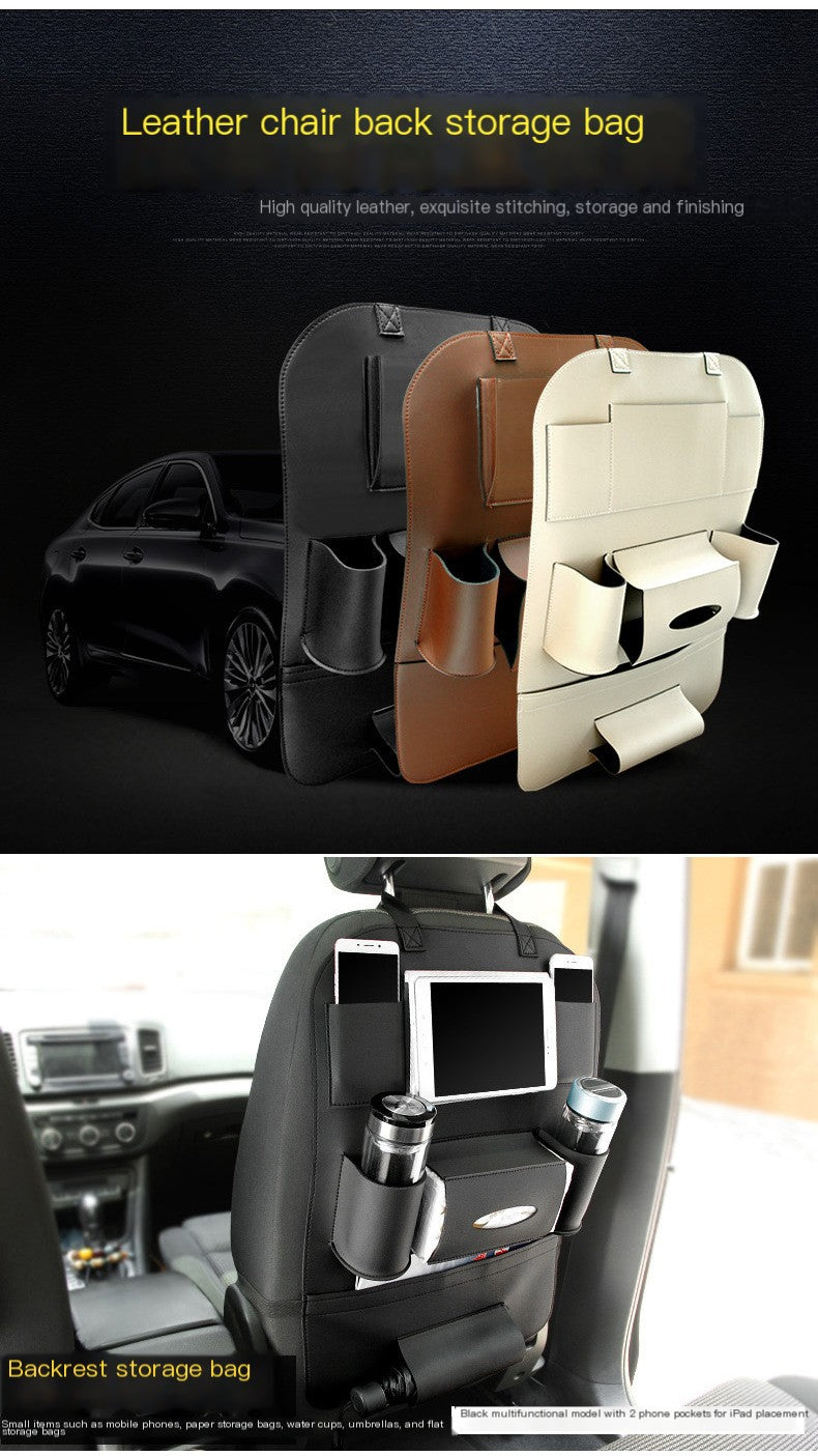 Car seat back storage bag with black, brown, and beige options displayed.
