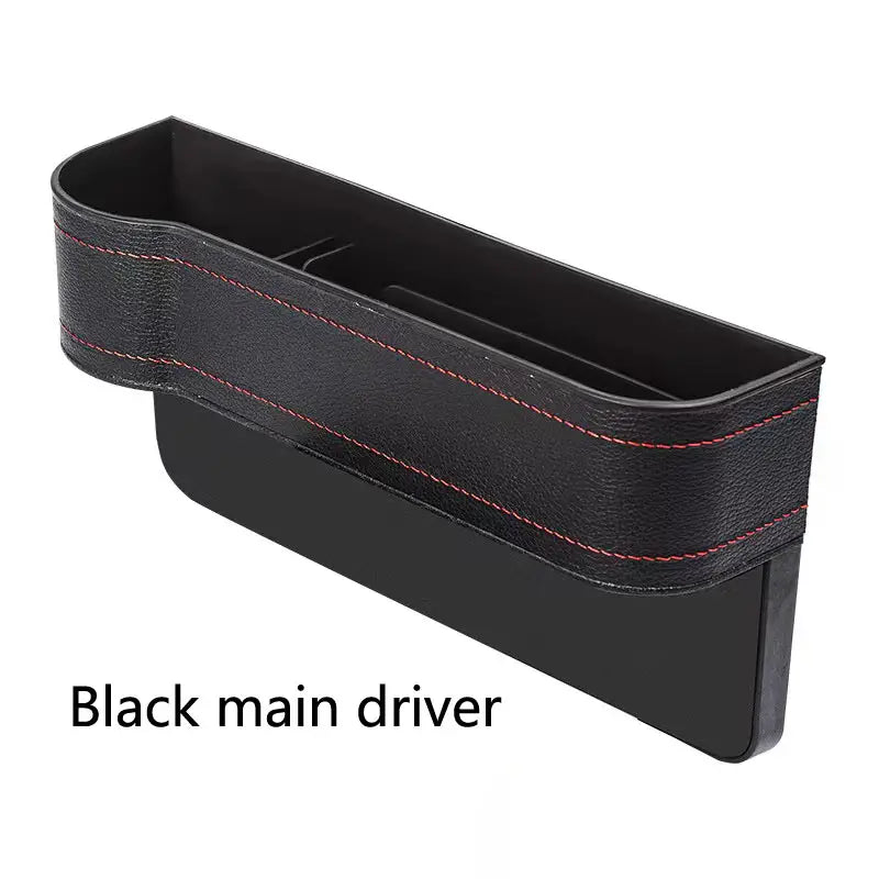 Black car organizer with red stitching on a white background