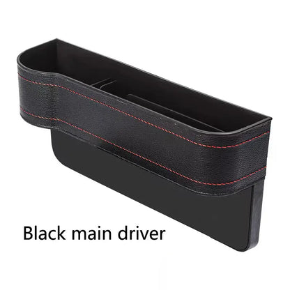 Black car organizer with red stitching on a white background