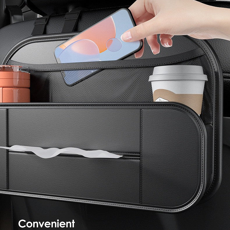 Hand placing a phone into a black car organizer with text highlighting convenience.