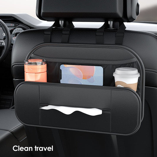 Car backseat organizer with cup holder and tissue pocket, placed on a car seat.
