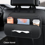 Car backseat organizer with cup holder and tissue pocket, placed on a car seat.